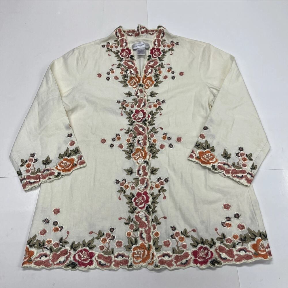 Susan Graver Floral Embroidered Top Jacket Womens Size S Linen Cottagecore